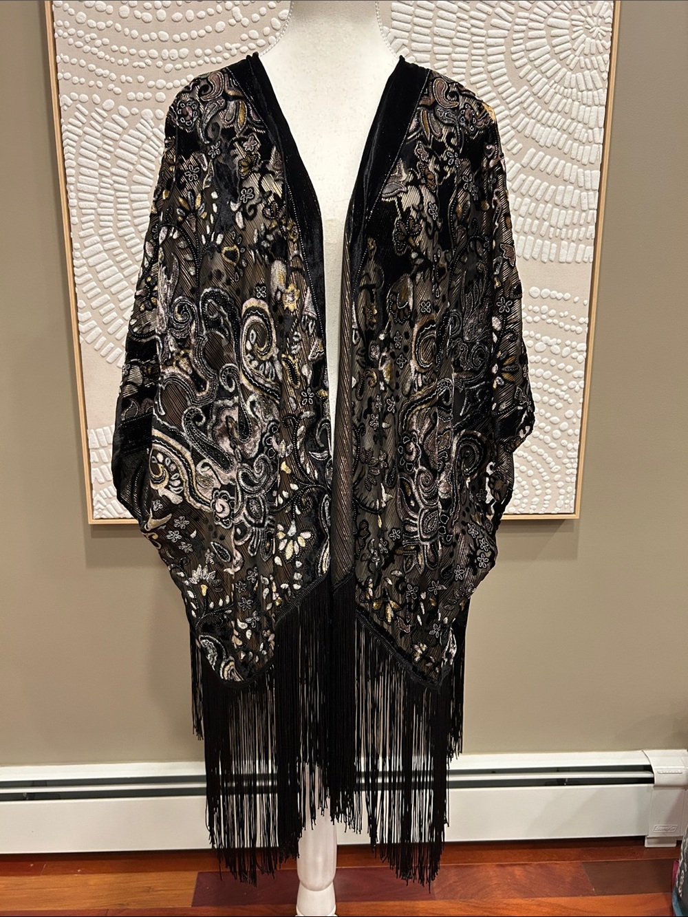 Free People Burn out Velvet Metallic & Fringe Kimono One Size